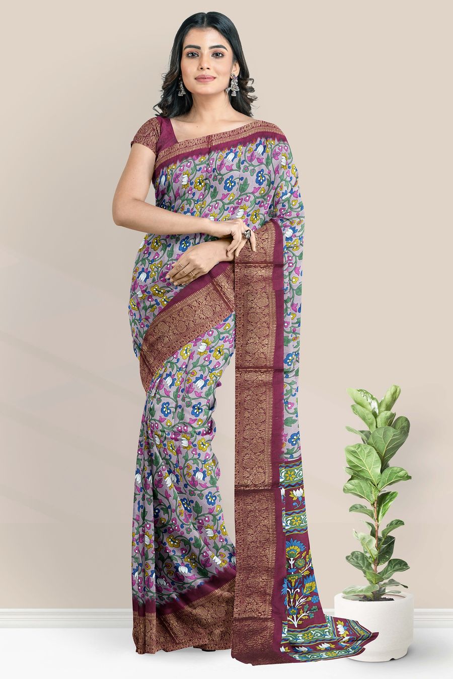 Mulmul Crushed Silk Floral Print Light Brinjal With Wine Saree