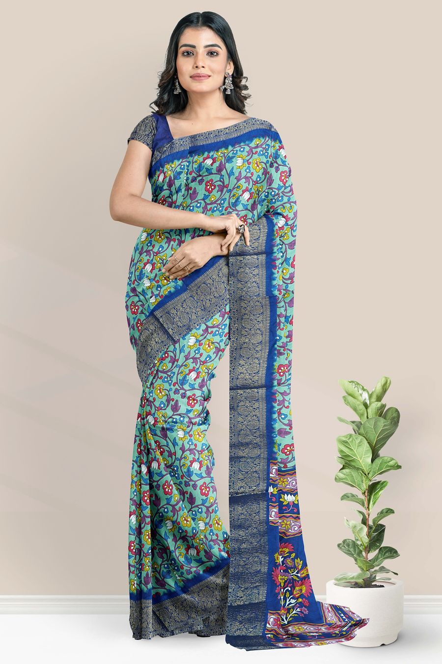 Mulmul Crushed Silk Floral Print Rama Green With Blue Saree