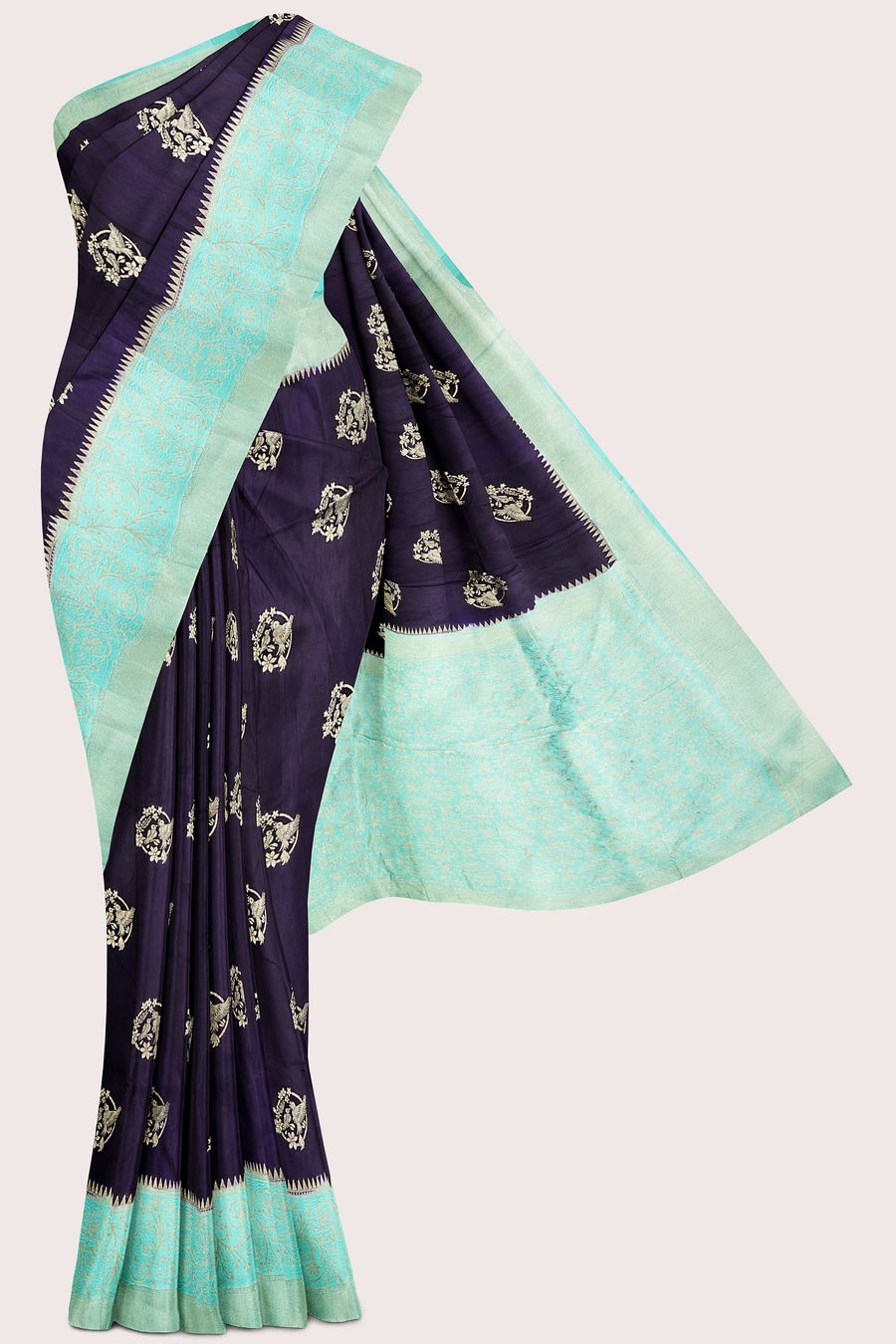 Kadhi Georgette Gold Zari And Butti Dark Purple With Sea Blue Saree