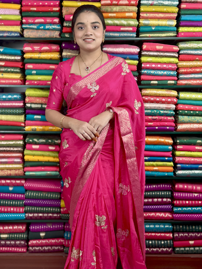 Russian Crepe Embroidery Stone Work Pink Saree
