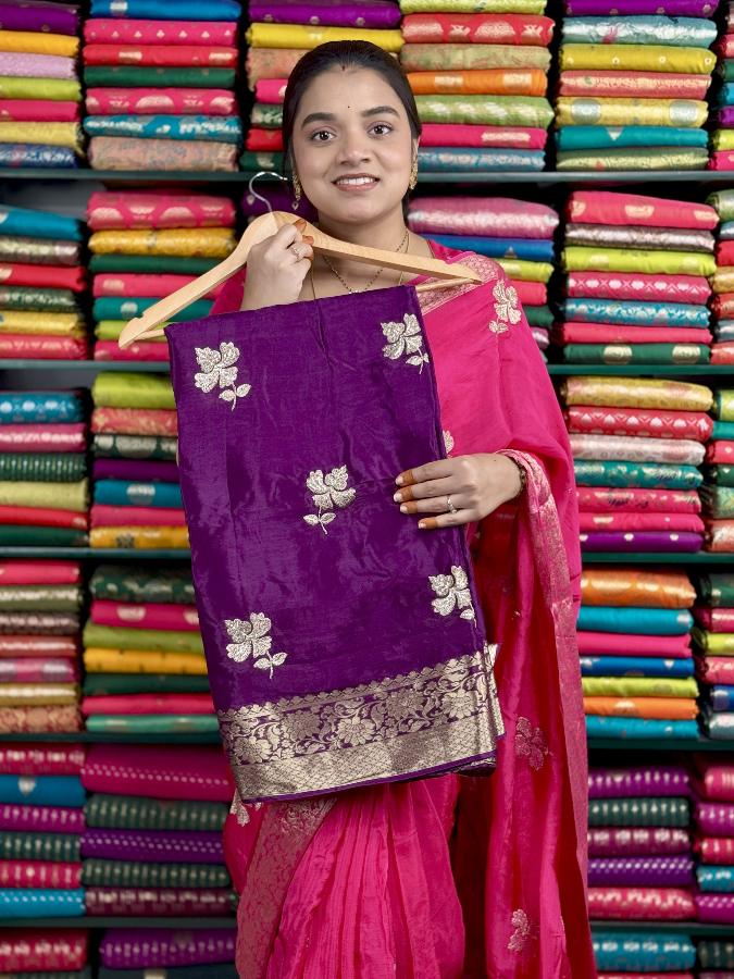 Russian Crepe Embroidery Stone Work EggPlant Saree