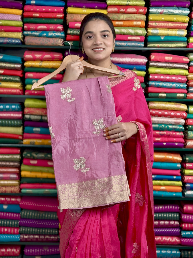 Russian Crepe Embroidery Stone Work Peach Pink Saree