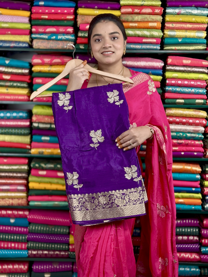 Russian Crepe Embroidery Stone Work Purple Saree