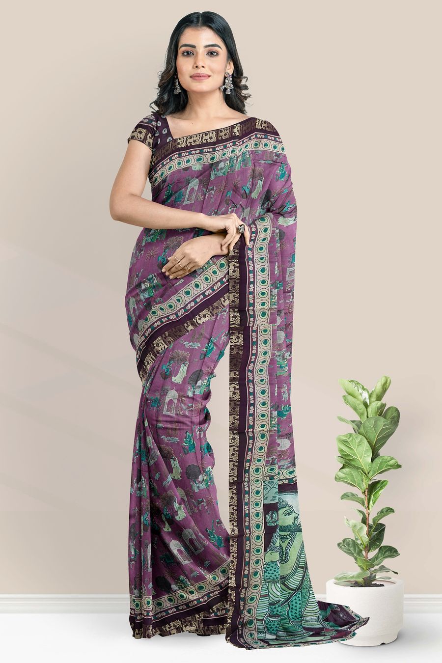 Semi Chanderi Silk Digital Print Pink With Wine Saree