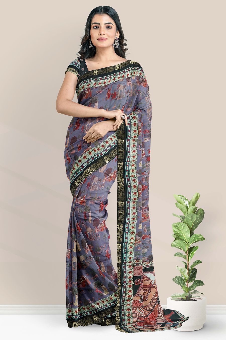 Semi Chanderi Silk Digital Print Grayish Blue With Black Saree