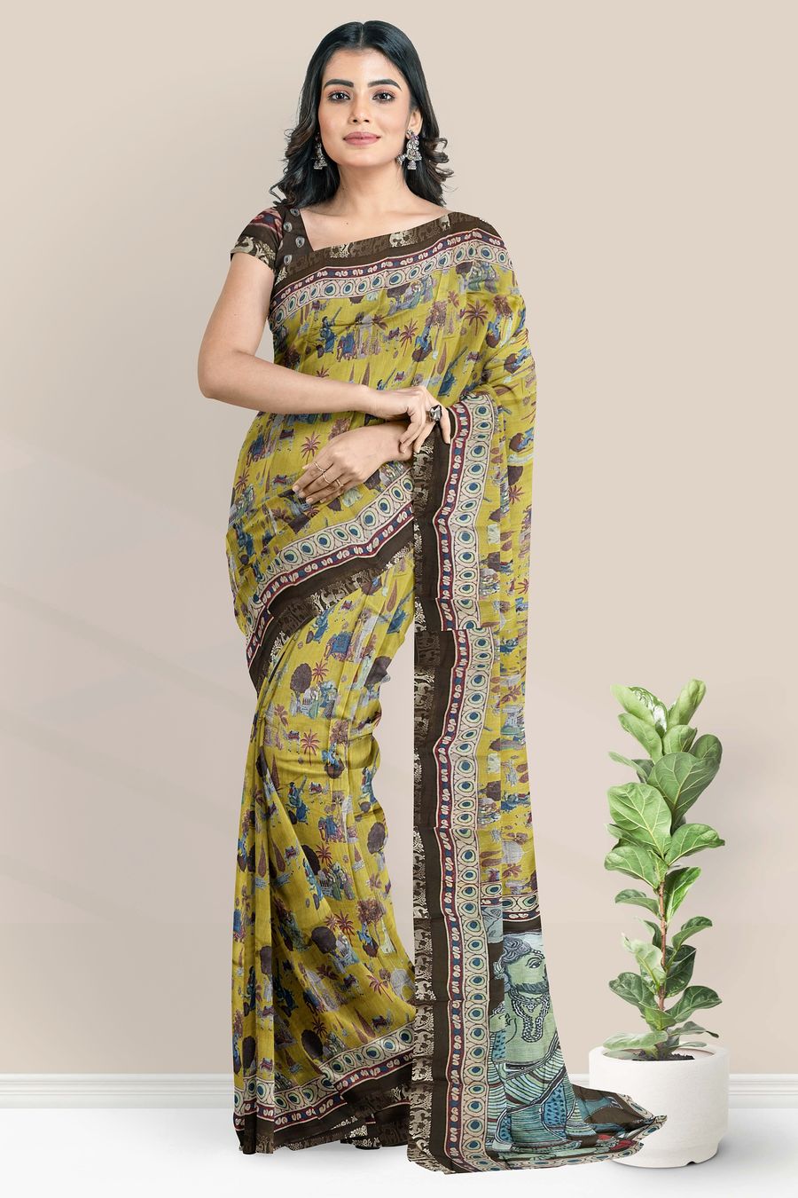 Semi Chanderi Silk Digital Print Yellow With Brown Saree