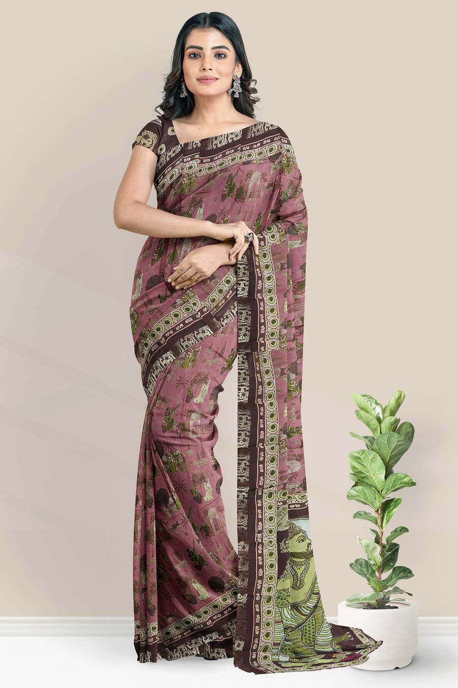 Semi Chanderi Silk Digital Print Onion Pink With Maroon Saree