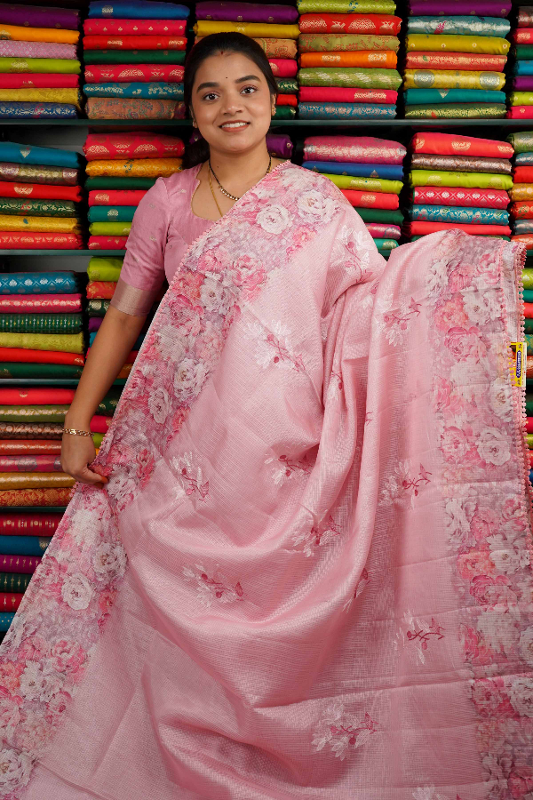 Kota Floral Print With Gottapatti Border Light Pink Saree
