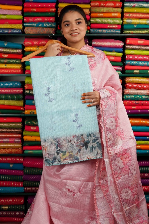 Kota Floral Print With Gottapatti Border Light Sea Blue Saree