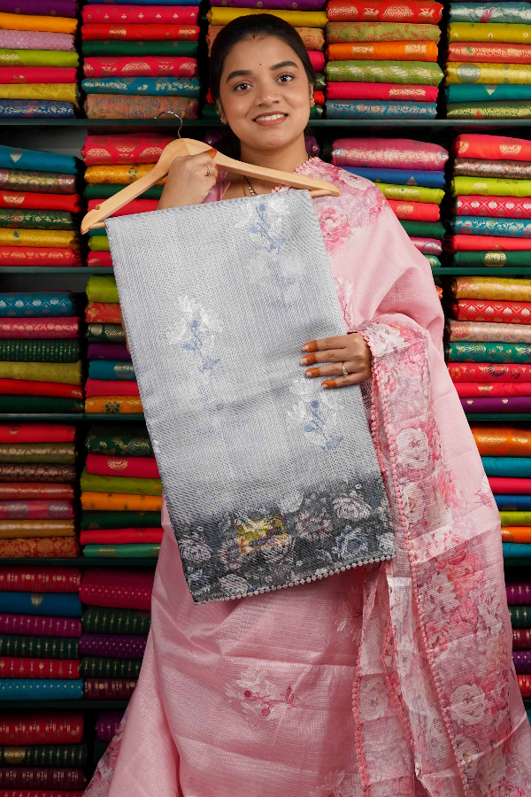Kota Floral Print With Gottapatti Border Gray Saree