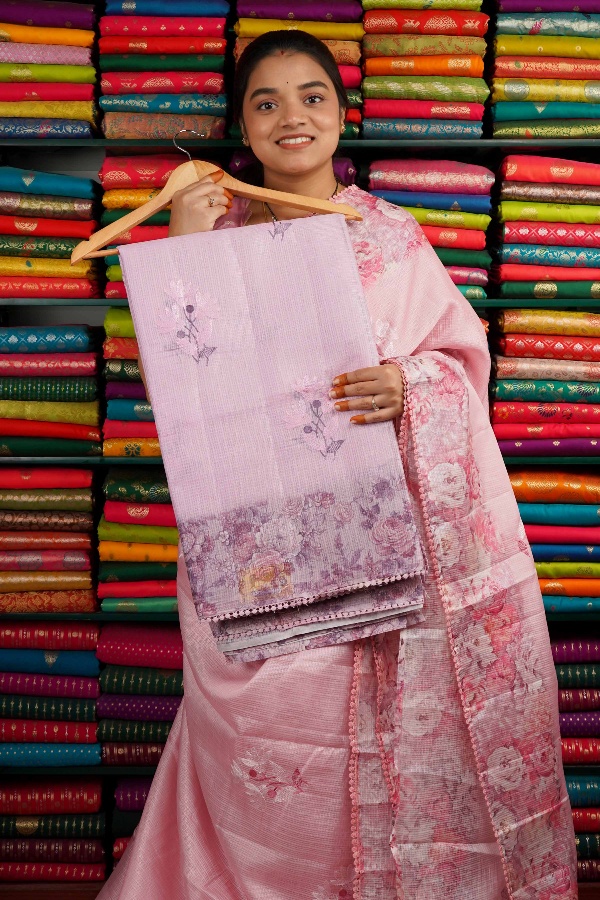 Kota Floral Print With Gottapatti Border Light Lavendar Saree