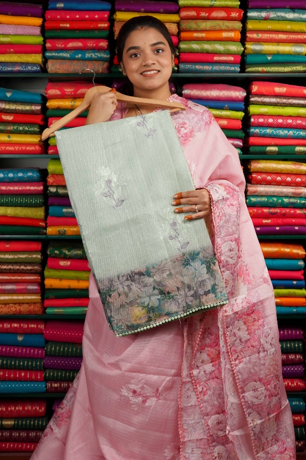 Kota Floral Print With Gottapatti Border Light Green Saree