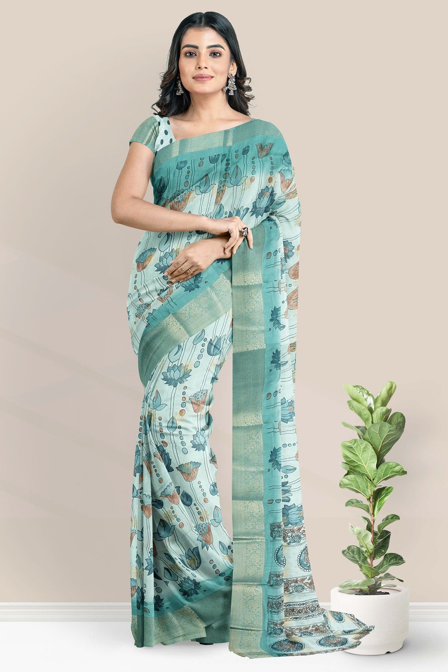 Semi Dola Silk Pichwai Digital Print Light Blue Saree