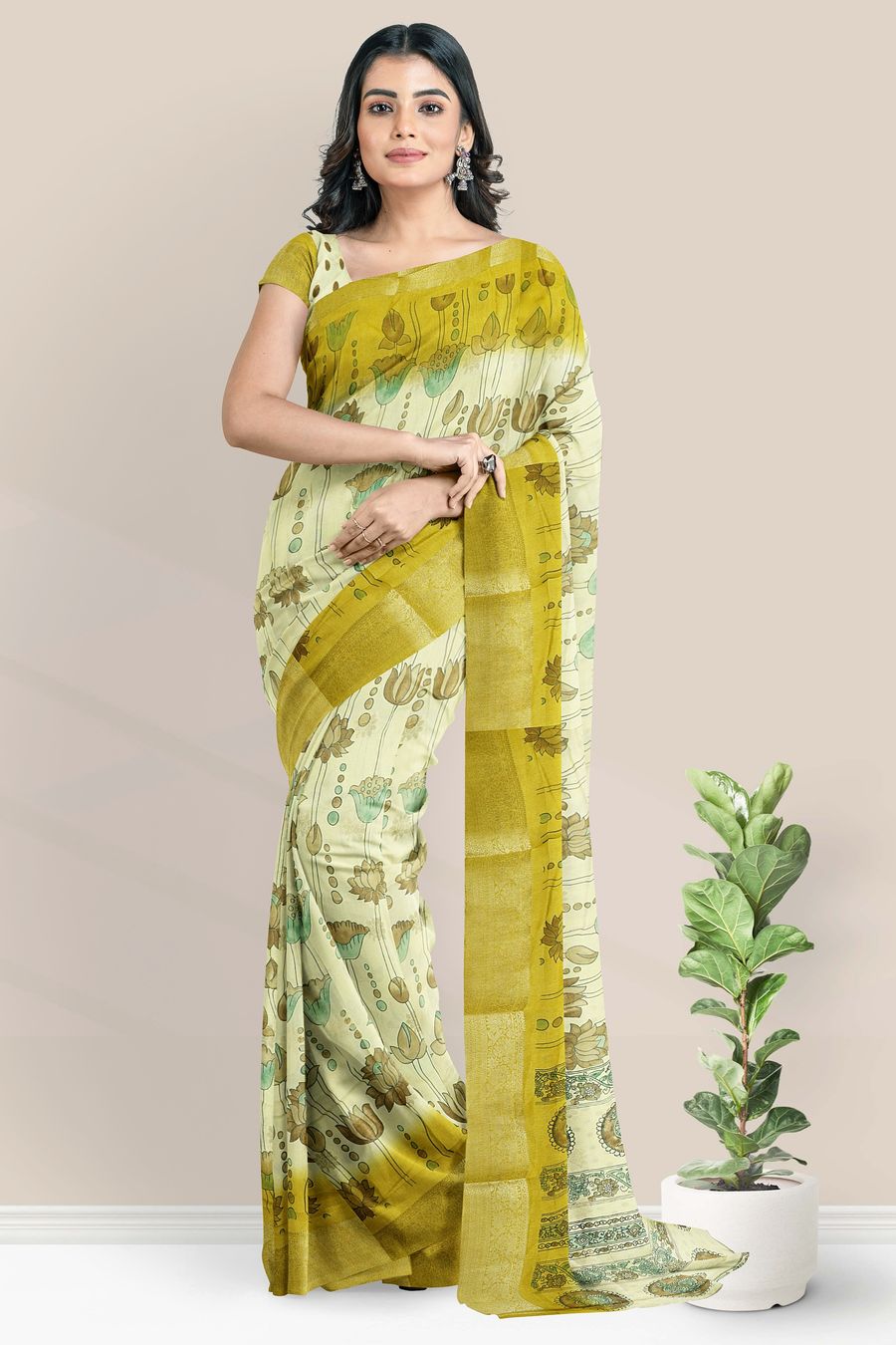 Semi Dola Silk Pichwai Digital Print Yellow Saree