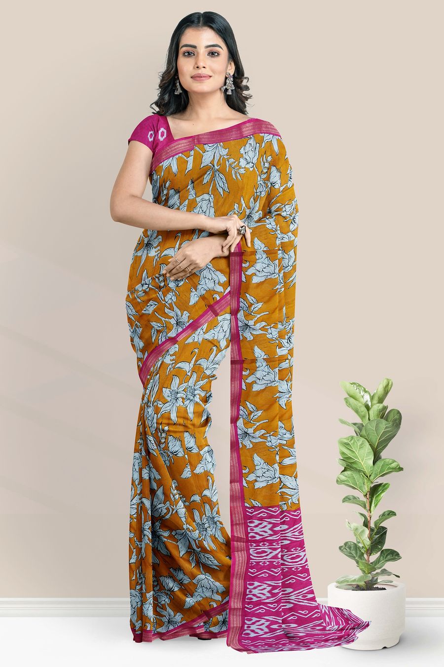 Semi Maheswari Silk Floral Digital Print Mustard Yellow With Pink Saree