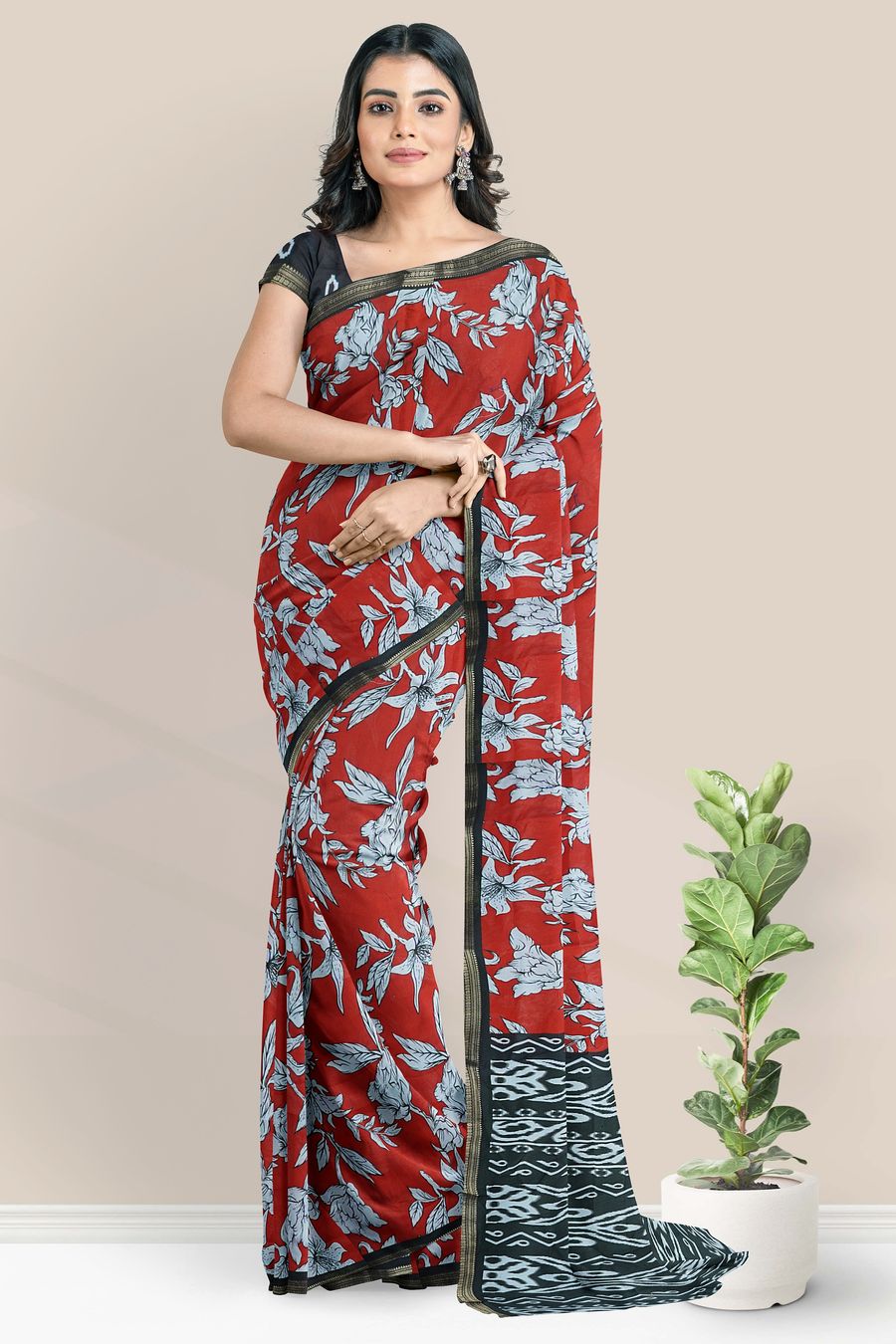 Semi Maheswari Silk Floral Digital Print Maroon Red With Black Saree