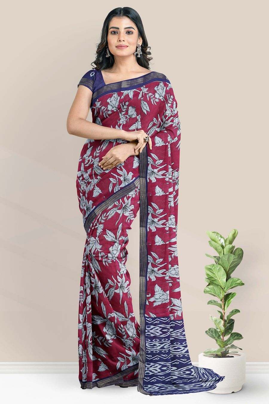 Semi Maheswari Silk Floral Digital Print Bright Magenta Pink With Navy Blue Saree