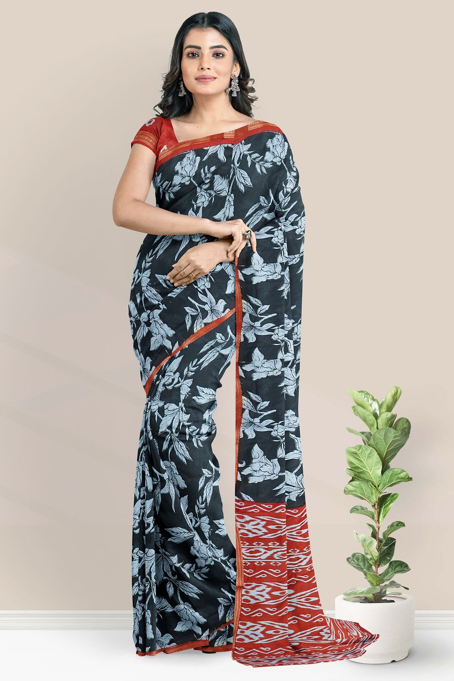 Semi Maheswari Silk Floral Digital Print Black With Red Saree