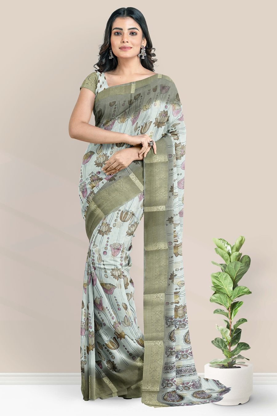 Semi Dola Silk Pichwai Digital Print Ash Saree