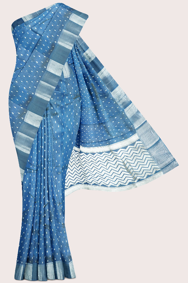 Emboose Silk Silver Zari Weaving Butta Dark Blue Saree