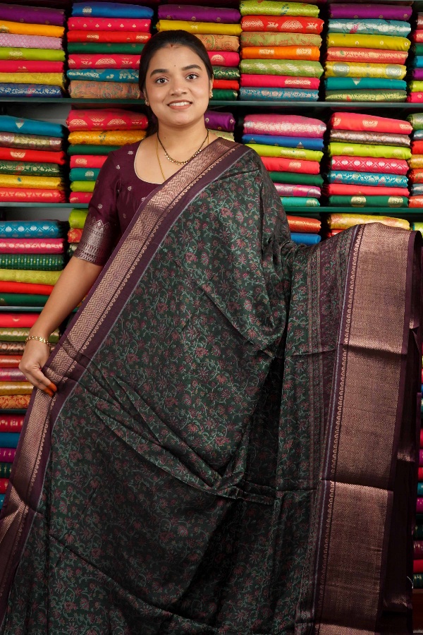 Modal Silk Print Design Green And Wine Saree