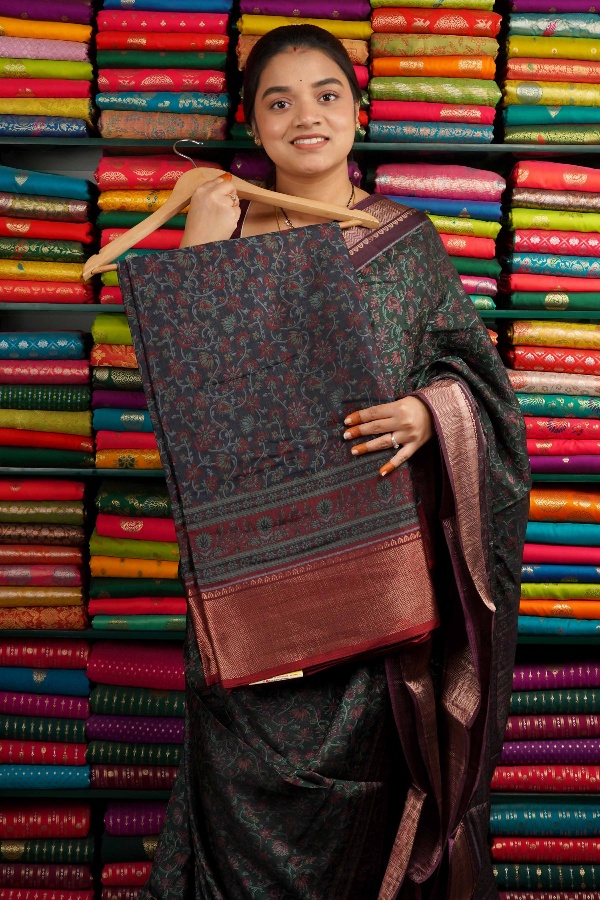 Modal Silk Print Design Dark Blue And Maroon Saree