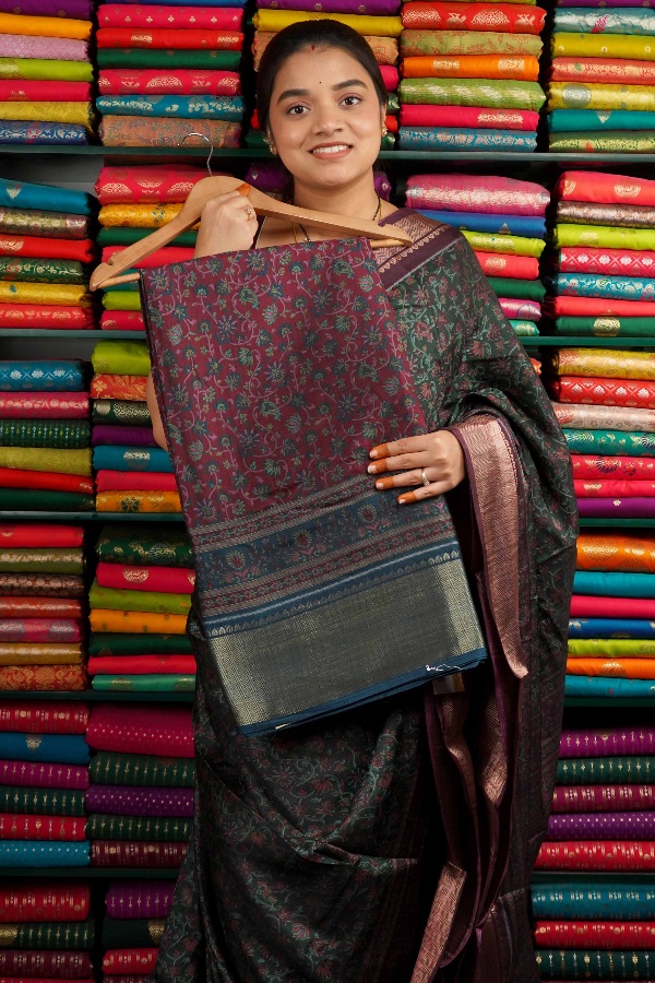 Modal Silk Print Design Dark Pink And Peacock Blue Saree
