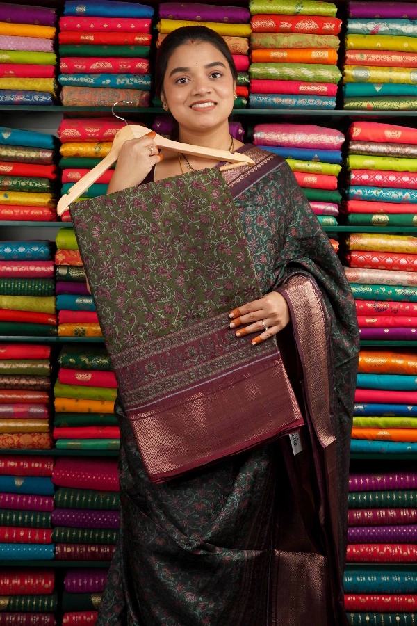 Modal Silk Print Design Mehandi Green And Dark Maroon Saree