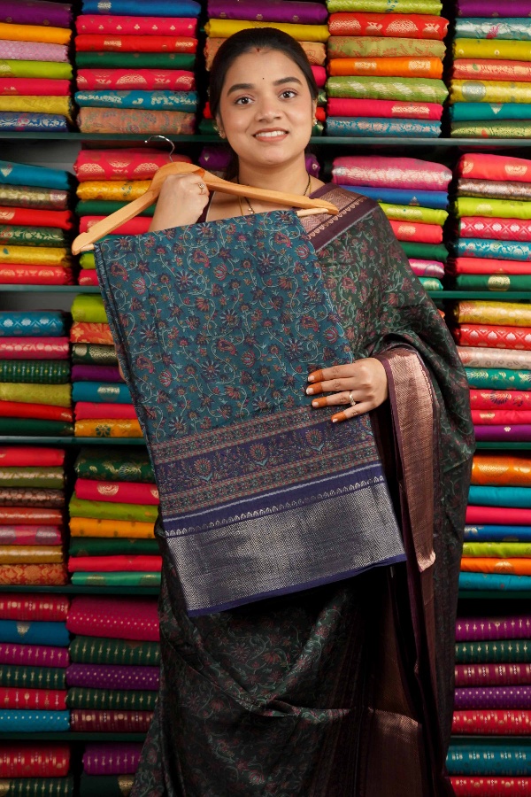 Modal Silk Print Design Peacock Blue And Navy Blue Saree