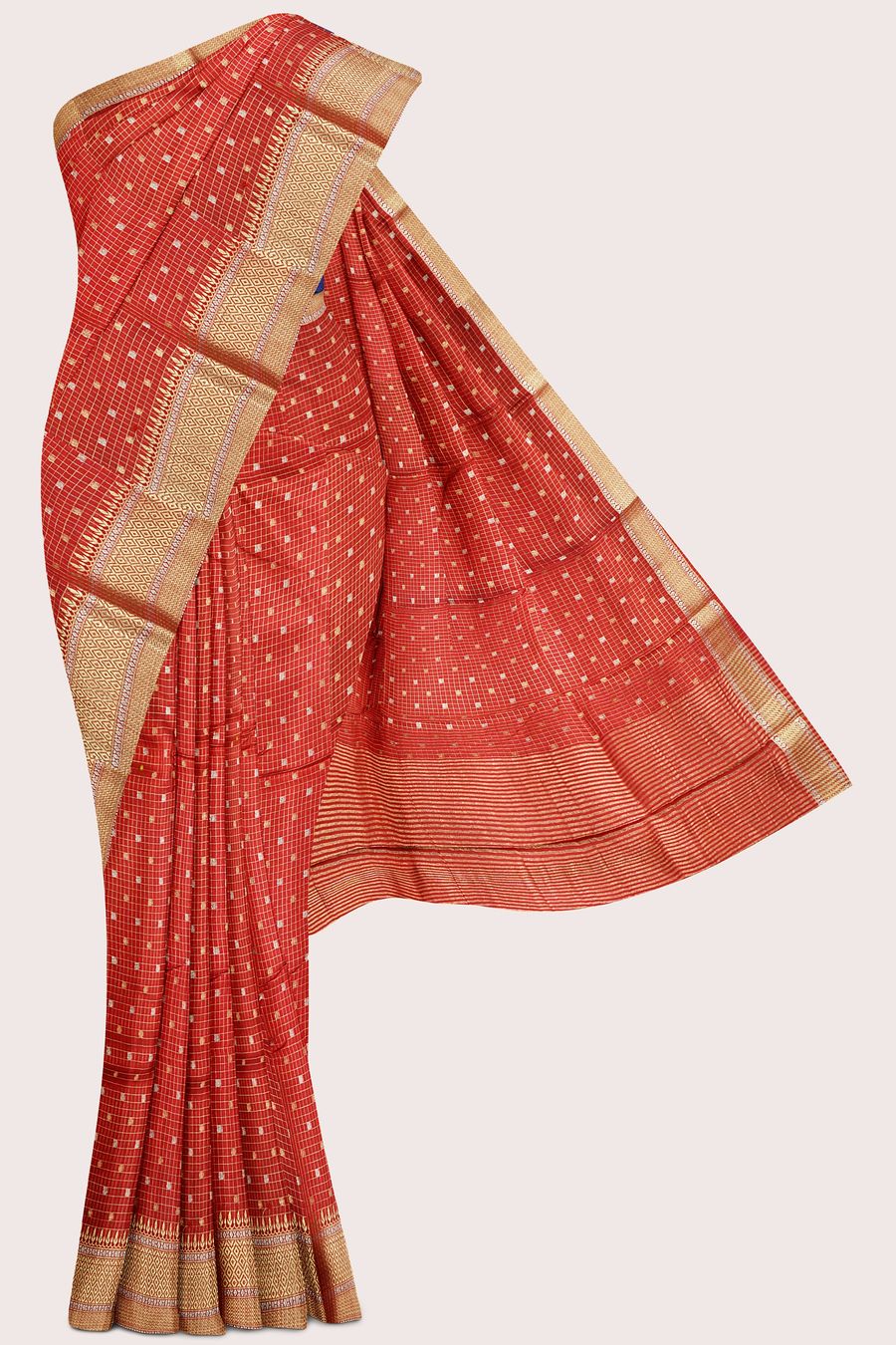 Banaras Georgette Checks Design Maroon Red With Navy Blue Saree