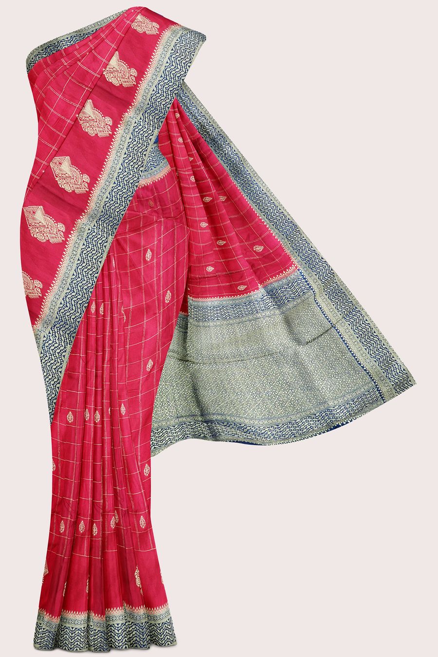 Banaras Crepe Gold Zari Checks Design Pink With Peacock Blue Saree
