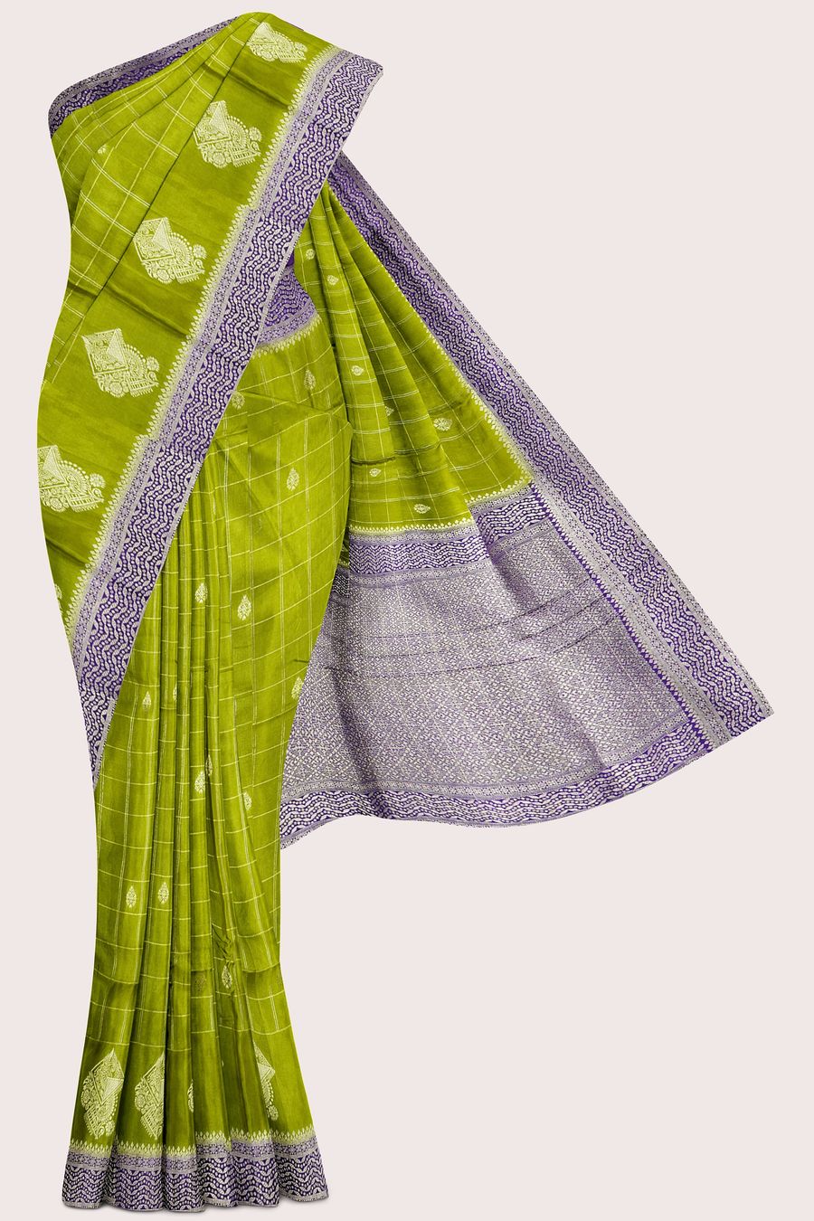 Banaras Crepe Gold Zari Checks Design Mehandi Green With Purple Saree