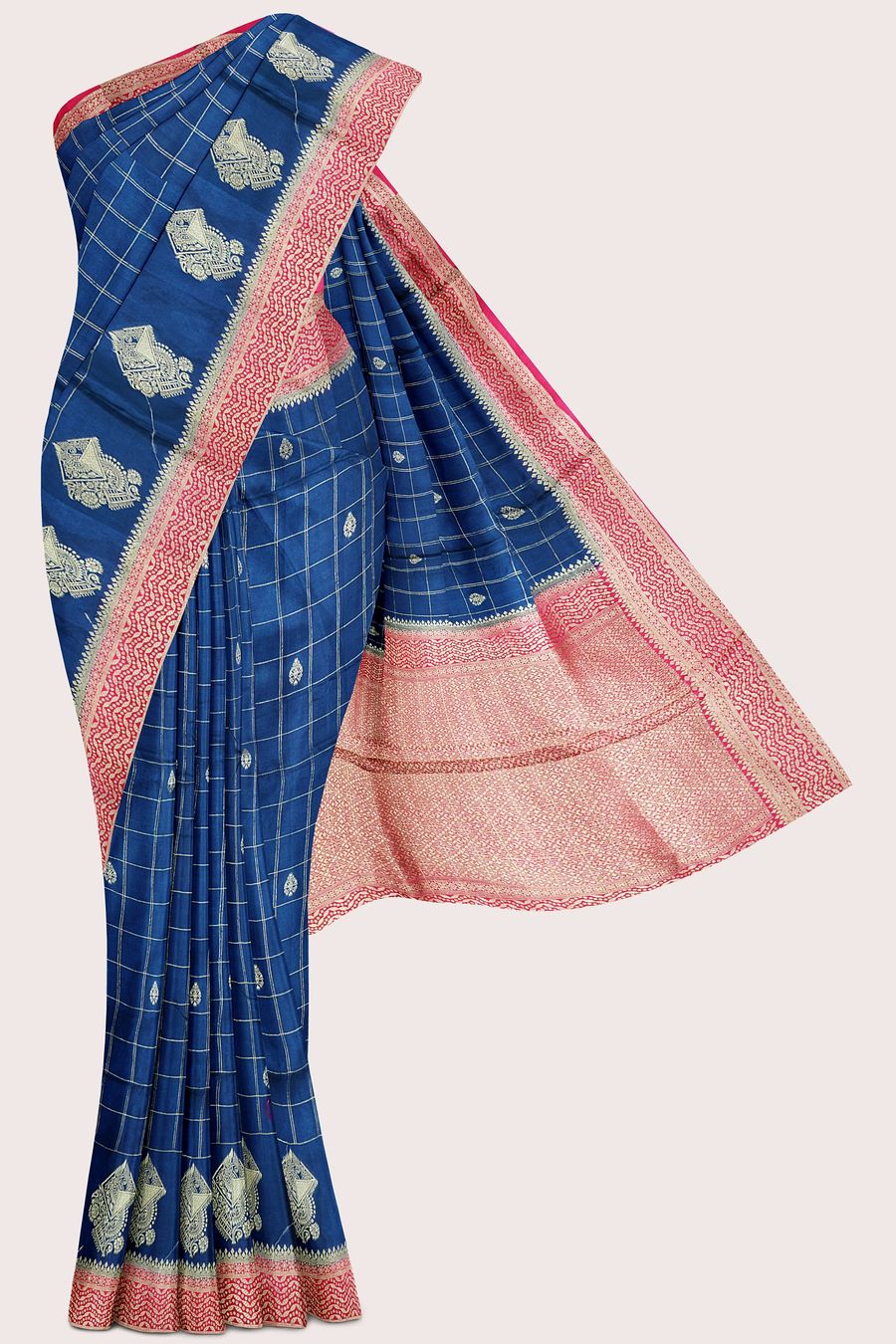Banaras Crepe Gold Zari Checks Design Peacock Blue With Pink Saree