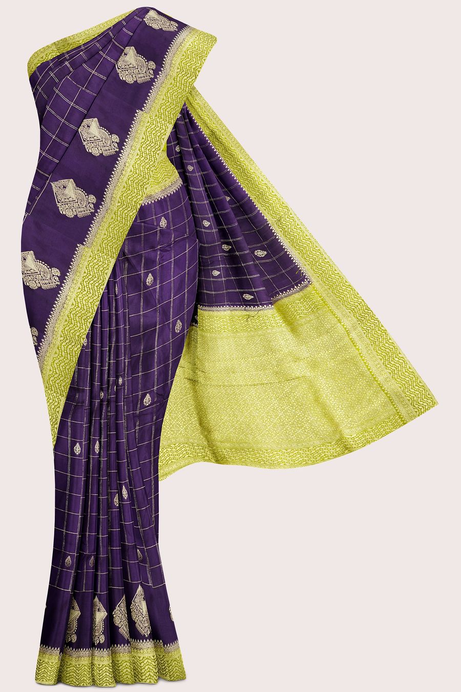 Banaras Crepe Gold Zari Checks Design Purple With Mehandi Green Saree