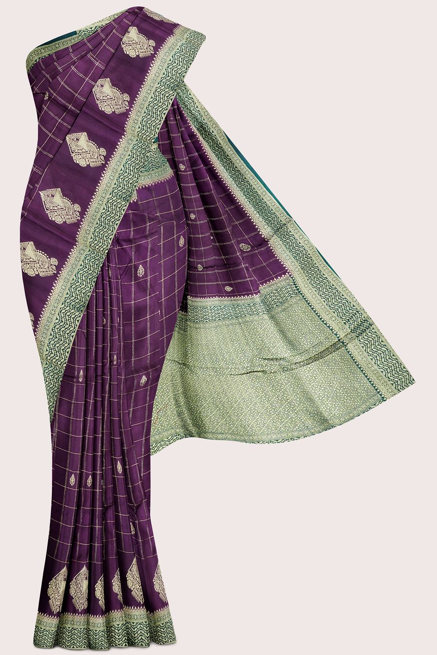 Banaras Crepe Gold Zari Checks Design Wine With Green Saree