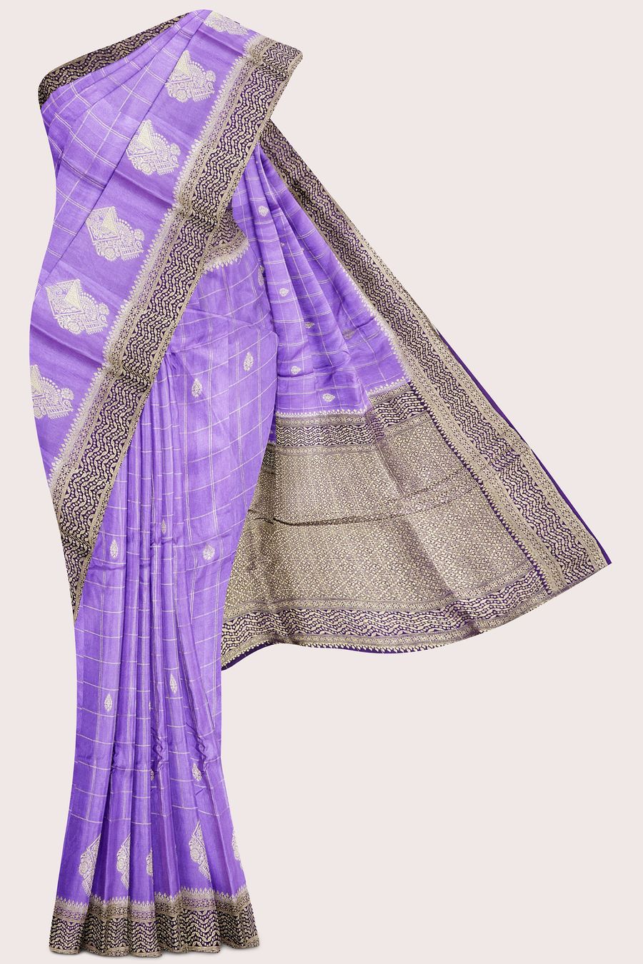 Banaras Crepe Gold Zari Checks Design Lavender With Purple Saree