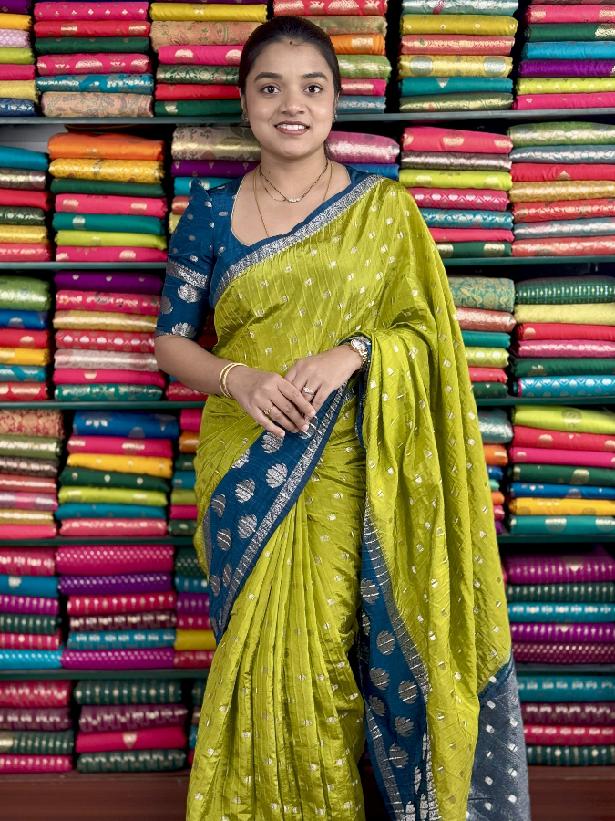 Crushed Mashru Crepe Lotus GapBorder Leaf Green And PeacockBlue Saree
