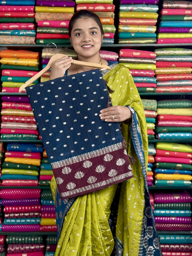 Crushed Mashru Crepe Lotus GapBorder PeacockBlue And Chocolate Brown Saree