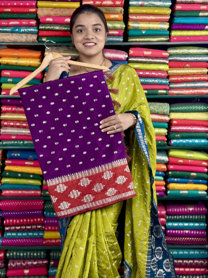 Crushed Mashru Crepe Lotus GapBorder Purple And BrickRed Saree
