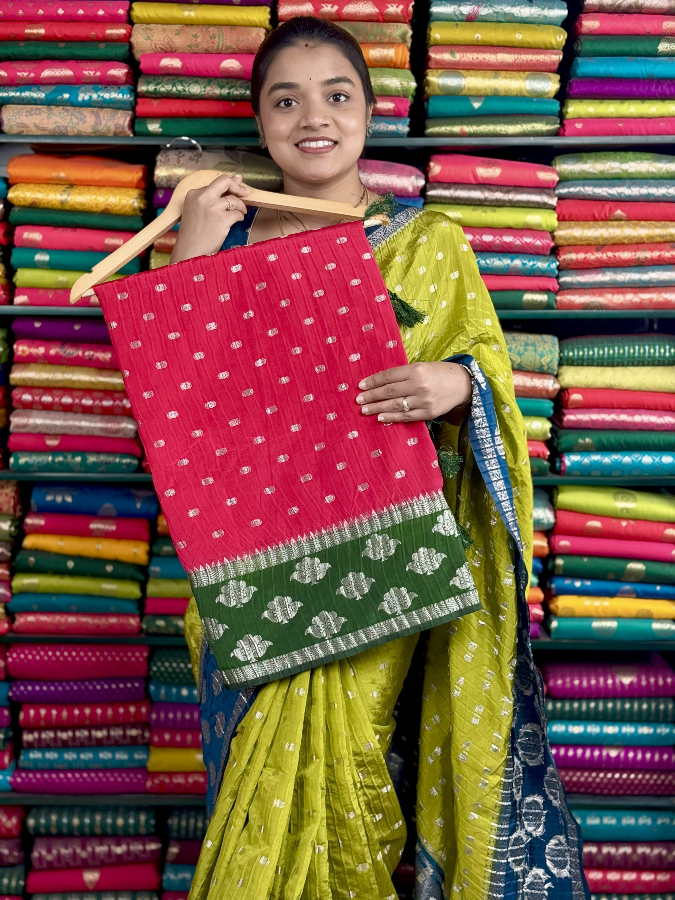 Crushed Mashru Crepe Lotus GapBorder Redish Pink And Green Saree