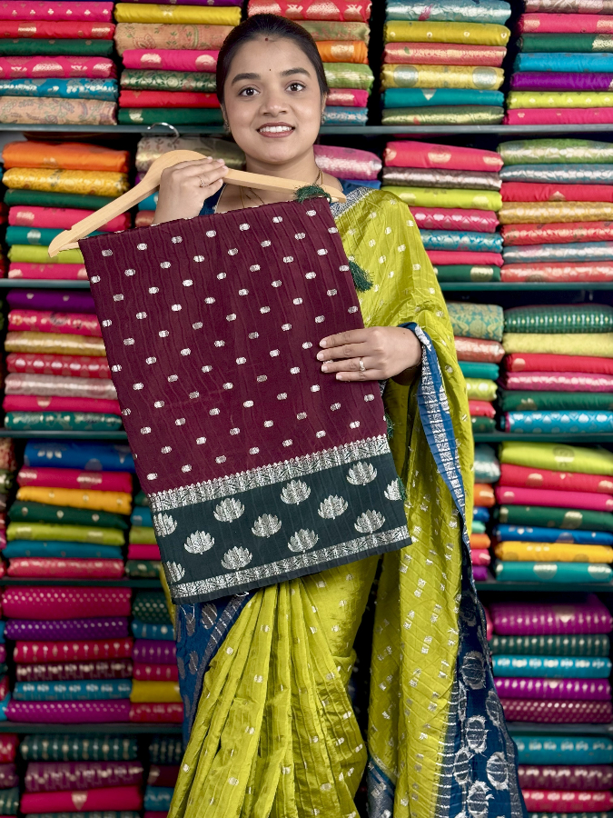 Crushed Mashru Crepe Lotus GapBorder ChocolateBrown And BottleGreen Saree