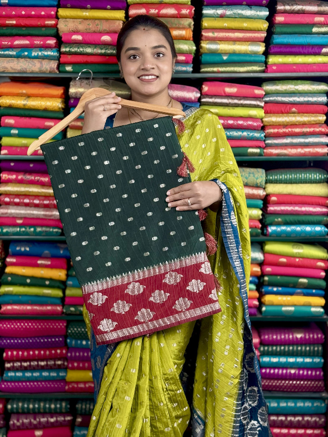 Crushed Mashru Crepe Lotus GapBorder BottleGreen And Redish Pink Saree
