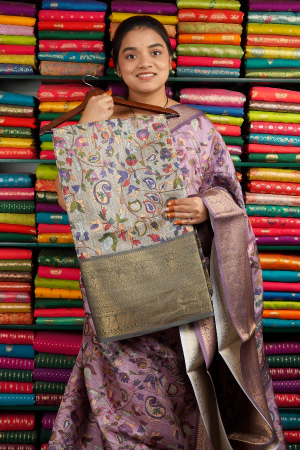 Kota Print With Zari Border Gray Saree