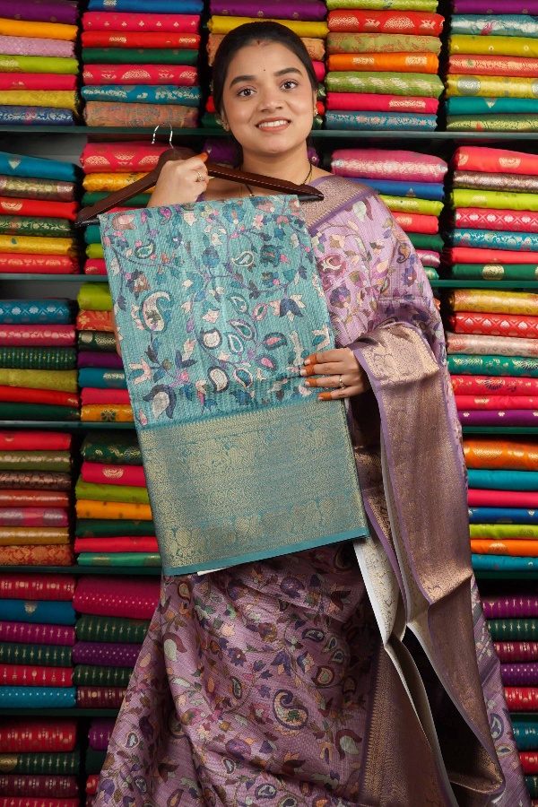 Kota Print With Zari Border Light Blue Saree