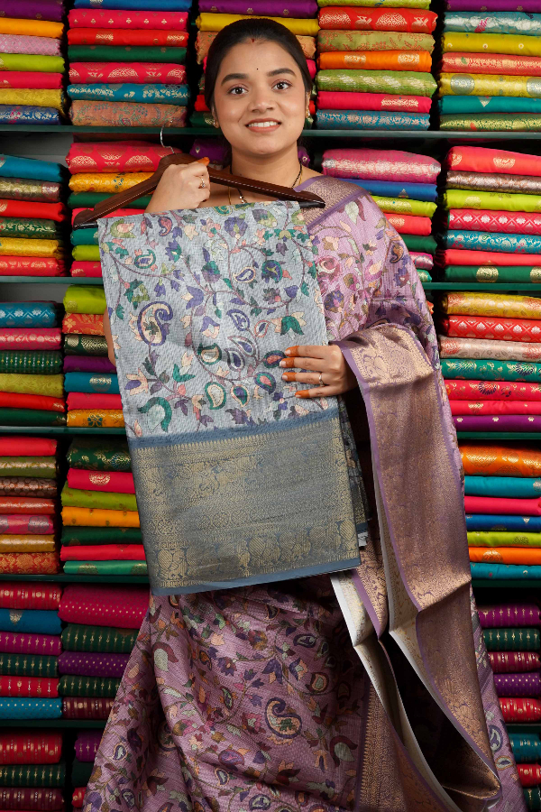 Kota Print With Zari Border Dusky Blue Saree