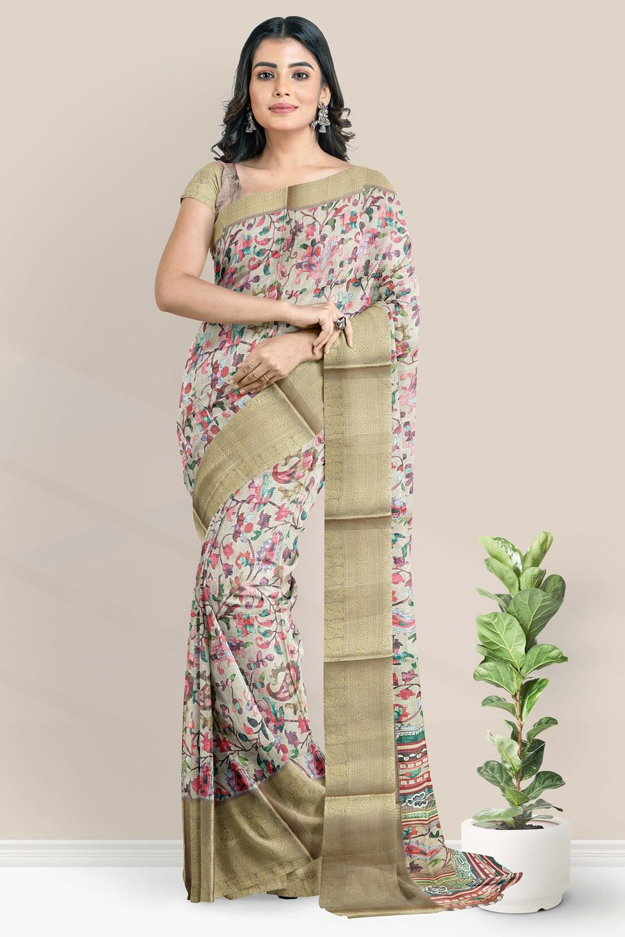 Silk Kota Floral Digital Print Light Wheat Saree