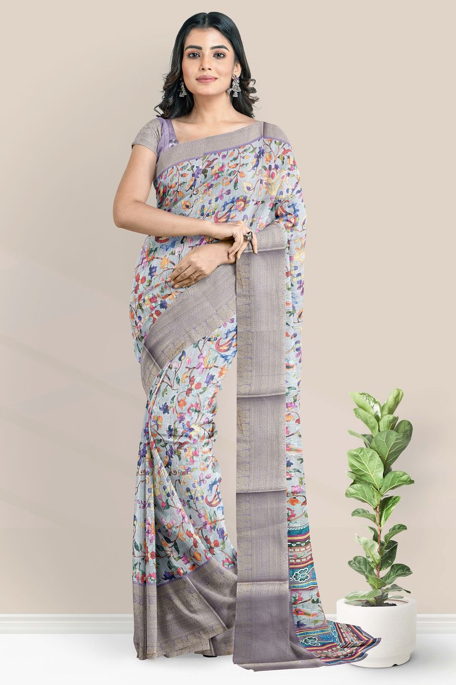 Silk Kota Floral Digital Print Lavender Saree