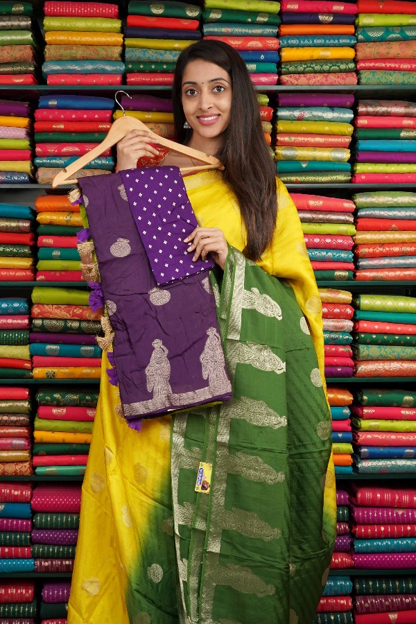 Jute Silk Tie And Dye With Zari Butti Parrot Green And Purple Saree