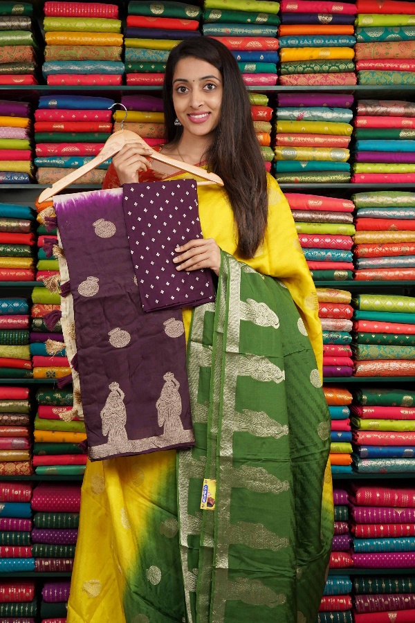 Jute Silk Tie And Dye With Zari Butti Half White And Purple Saree