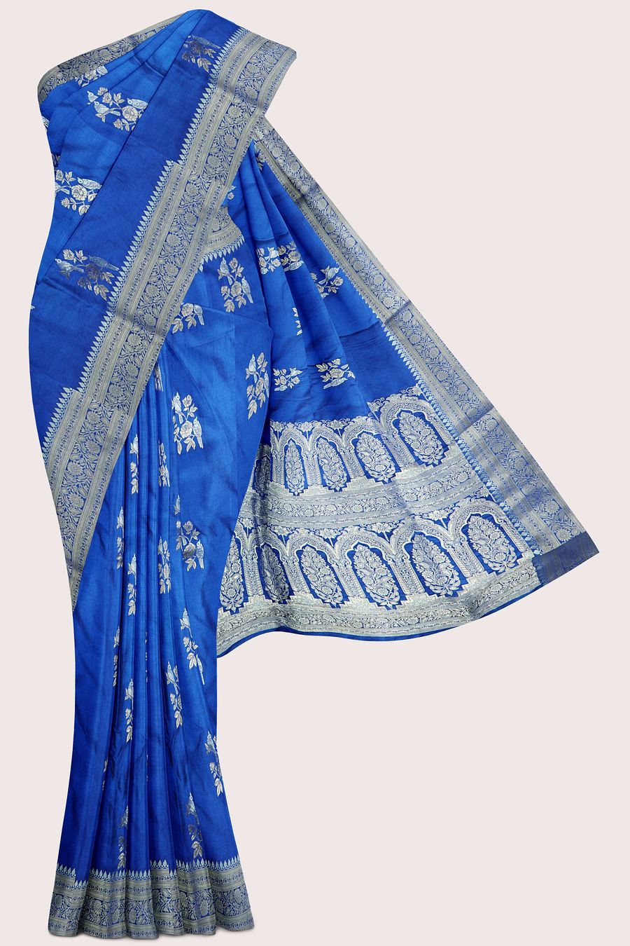 Satin Crepe Silver And Gold Zari Meena Bright Blue Saree